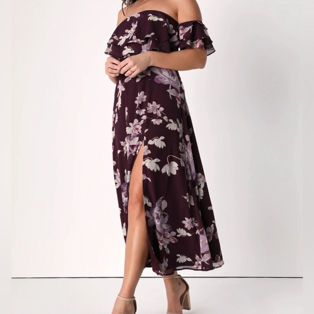 NWOT Lulus plum purple floral off the shoulder dress with slit, size small